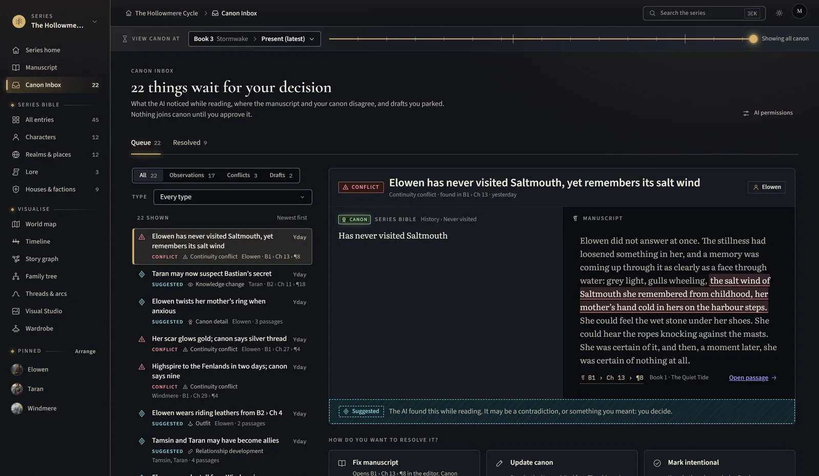 The Canon Inbox with a conflict open: the canon fact, the contradicting passage and the choices