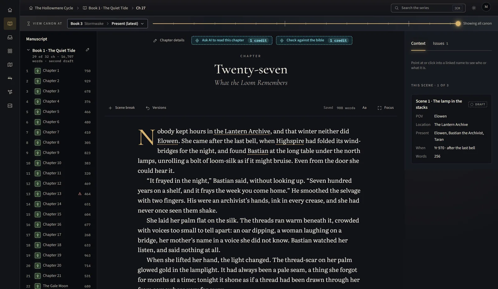 The manuscript editor with the chapter tree and the scene context panel