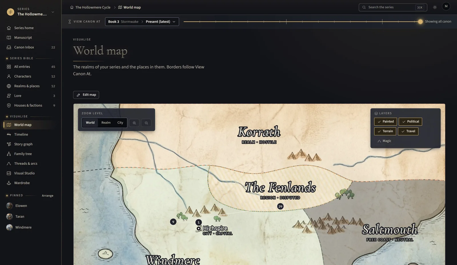 The world map at realm zoom with a disputed region and travel routes